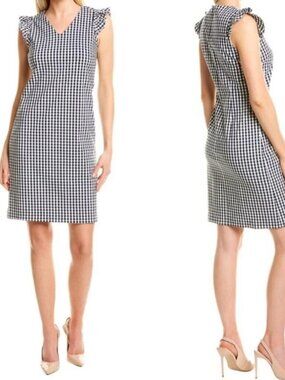 J McLaughlin Joselyn Dress Womens 4 Navy White Gingham Preppy Classic Midi